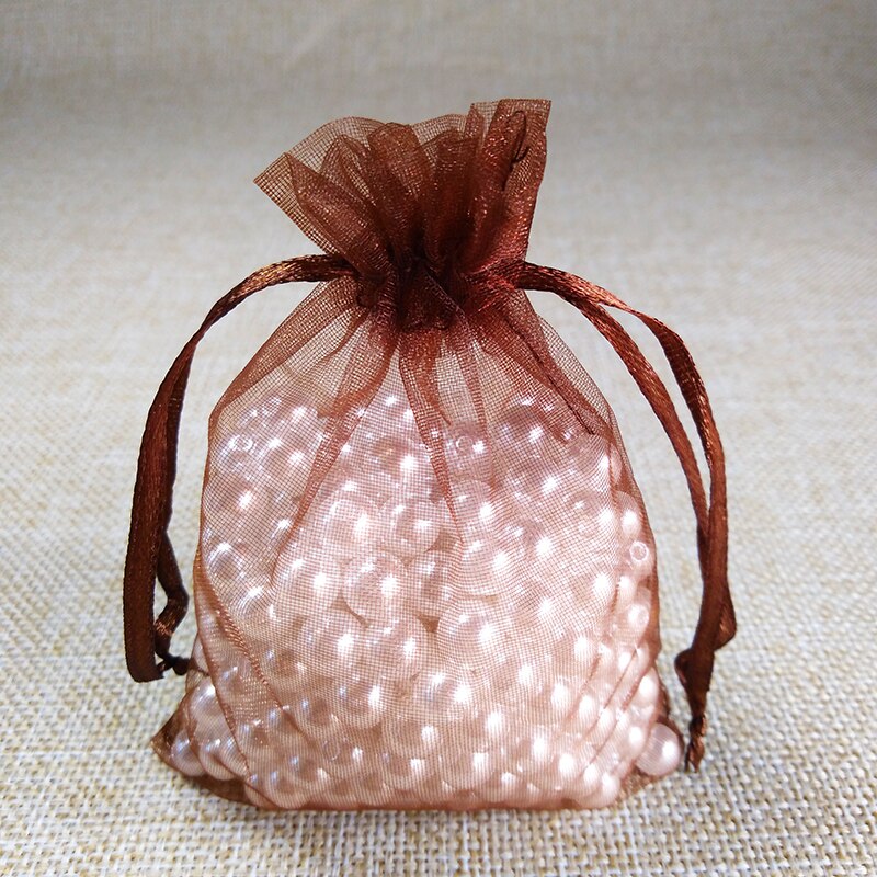 100pcs/lot 5x7 7x9 9x12CM Organza Bags Wedding Party Christmas Decoration Drawstring Bag Pouch Jewelry Packaging Bags: 7x9cm / Brown