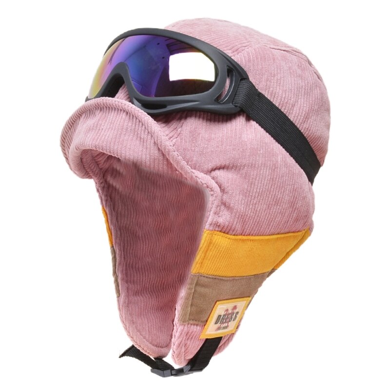 Gorra de cazador de soldado de terciopelo para mujer, gorro Reversible con gafas desmontables, a prueba de viento, a rayas de bloque de color, con orejeras: 5
