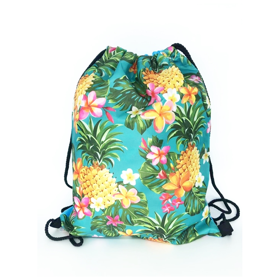 Mochila de corda para mulher, cor verde com estampa de pijamas e flores, 100% poliéster