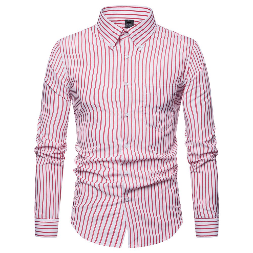 SWAGWHAT Men Shirt Male Dress Shirts Striped Men's Casual Long Sleeve Business Formal Shirt Camisa Social Shirts for Men: Red / M