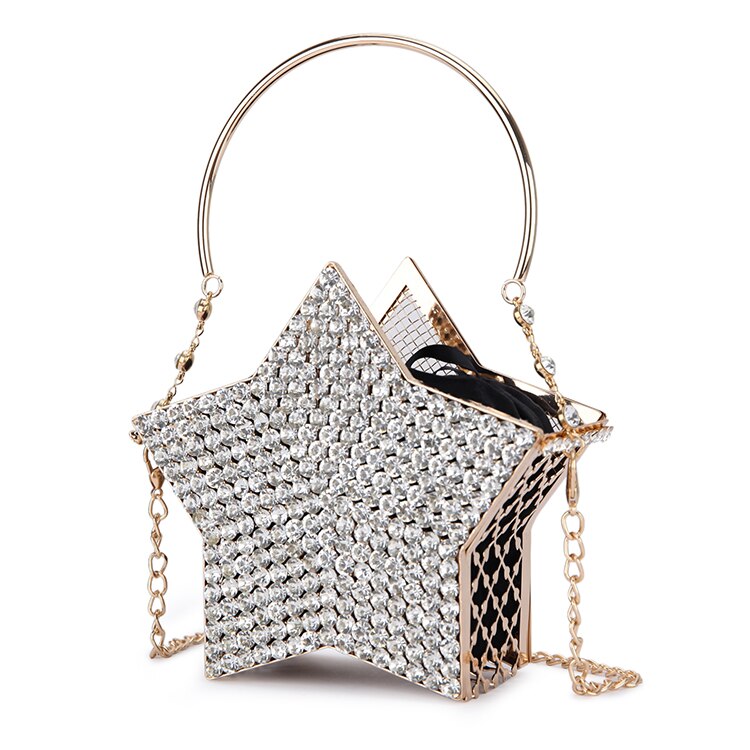 Luxury Diamond Silver Star Evening Clutch Bag For Women Hollow Out Small Metal Cage Ladies Chain Purses And Handbags: Black