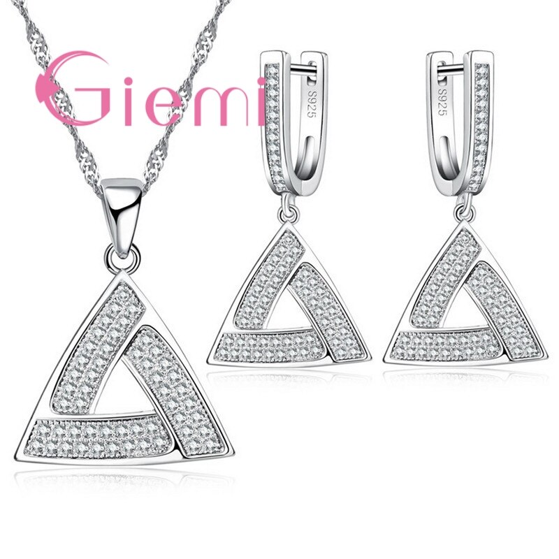 Driehoek Vorm Super Shiny Cubic Zirkoon Ketting Hanger Oorringen Sets Mode 925 Sterling Zilveren Vrouwen Aanwezig