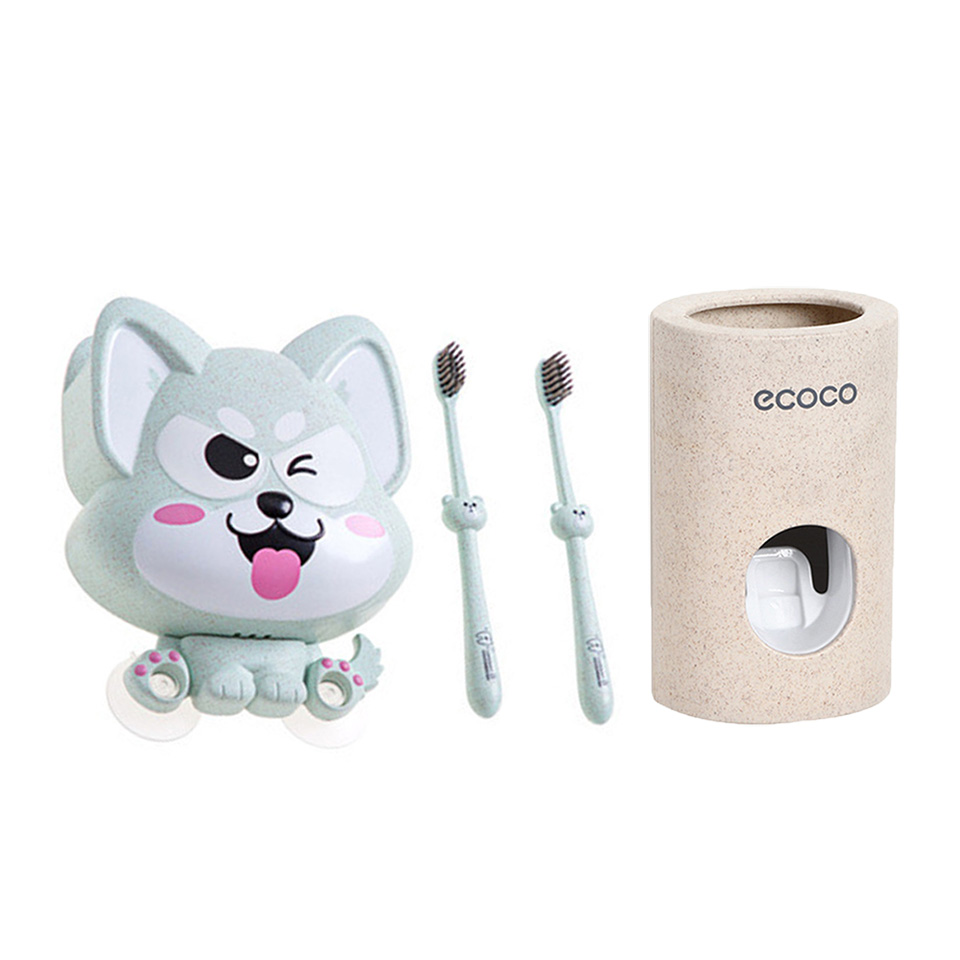 Msjo børn tandbørste indehavere sæt børn suge hund væg beholder til 2 stk tandbørste sød plast badeværelse tandpasta holder: 4 stk. grøn