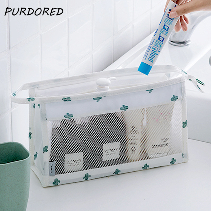 PURDORED 1 pc Cactus Cosmetic Bag Women Make Up Bag Clear Mesh Cosmetic Organizer Pouch Toiletry Bag Kit neceser