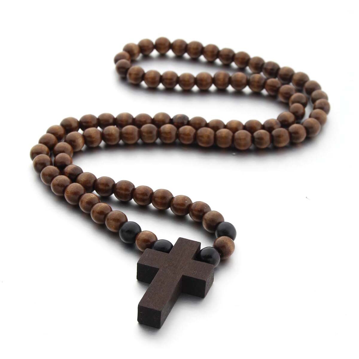 Retro træ brun kort kors vedhæng træ perler halskæder til mænd kvinde rosenkrans træ perle betaler religiøse smykker