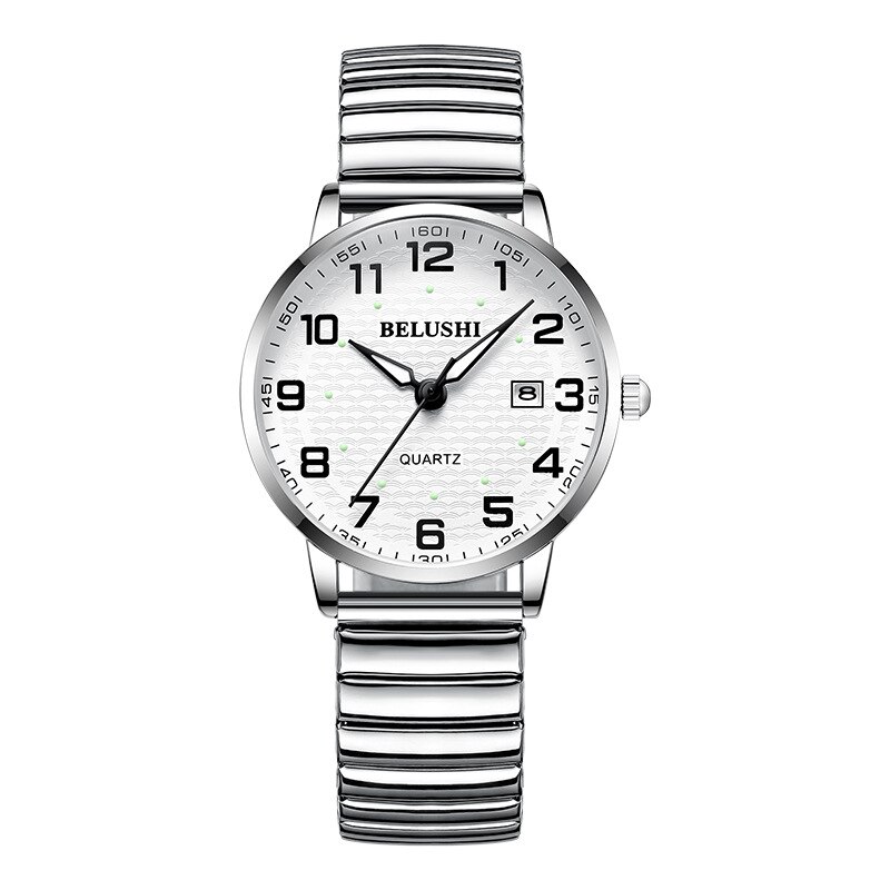Grote wijzerplaat paar horloge nummer datum gemakkelijk te zien oudere mensen volledig roestvrij staal quartz klok dames heren horloges lichtgevend  a3564: Klein 6