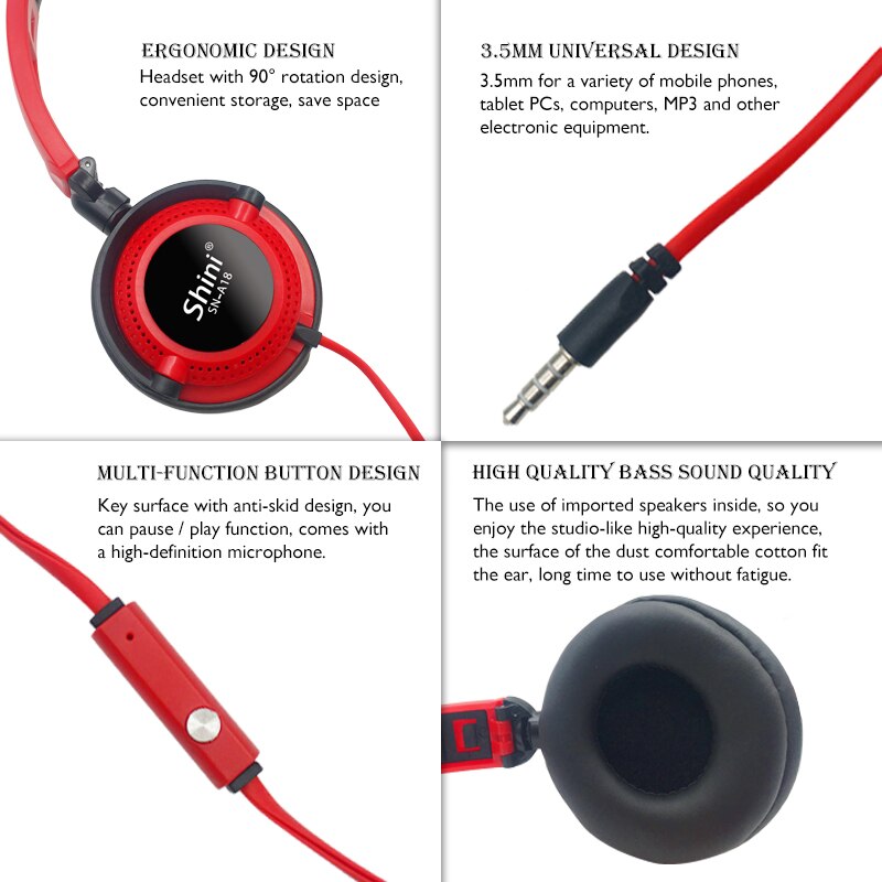 Shini kabelgebundener kopfhörer mit mikrofon, 3.5mm ohrhörer, faltbares gaming-headset, super-bass-stereo-musik-headset für pc und smartphones
