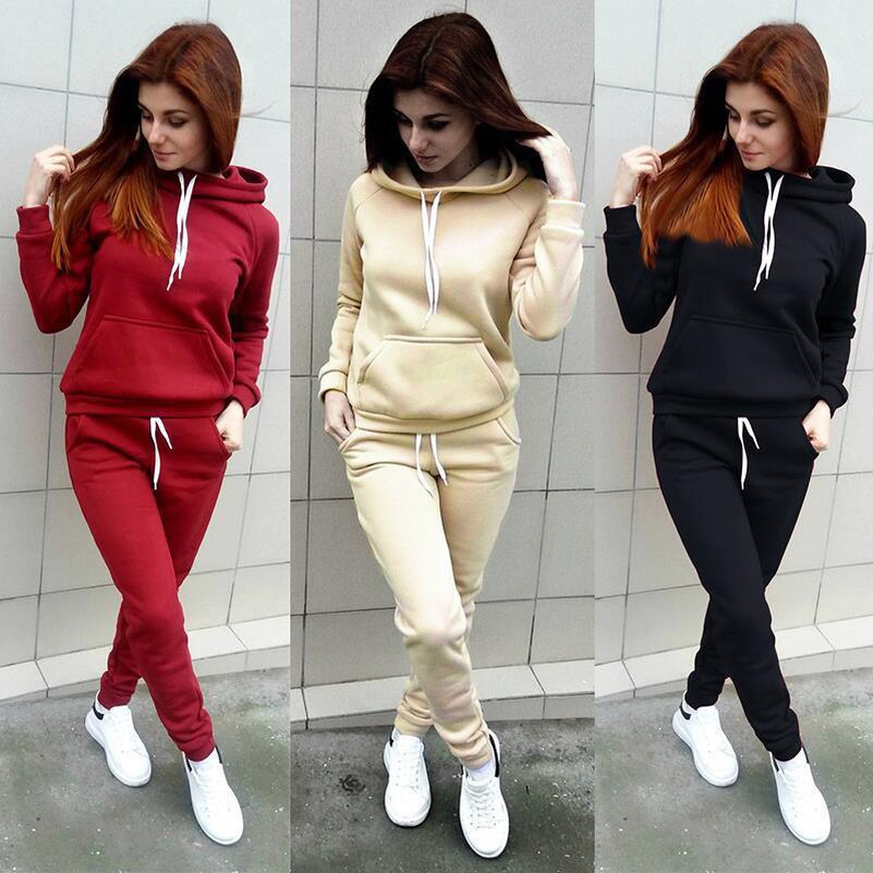 Lace up solid hooded Suit Set Women Tracksuit Two-piece Sport Style Outfit Jogging Sweatshirt Fitness Lounge Sportwear