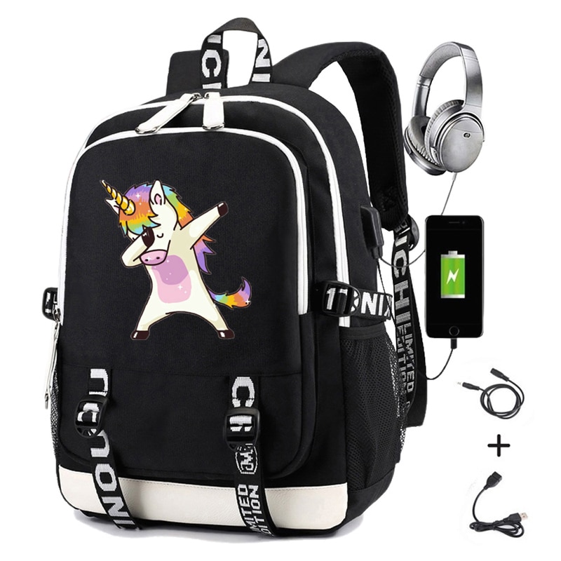 Mochila de unicornio haciendo un DAB para estudiantes adolescentes, mochilas para niñas con carga USB, mochila para ordenador portátil, mochilas de viaje Casuales