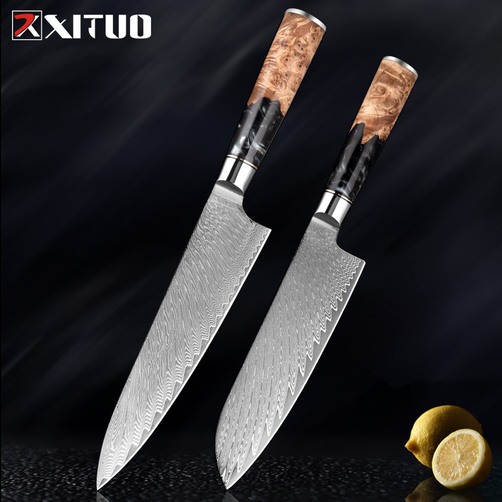 XITUO – ensemble de couteaux de cuisine en acier damas, couteau de chef japonais, couperet à pain utilitaire en résine et manche en bois stabilisé