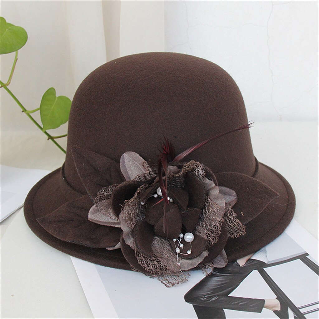 Women Flax Flower Hat Bowler Billycock Cap Sales Vintage Retro Bowler Caps Princess caps chapeau femme Hat Cap For Woman: Coffee 