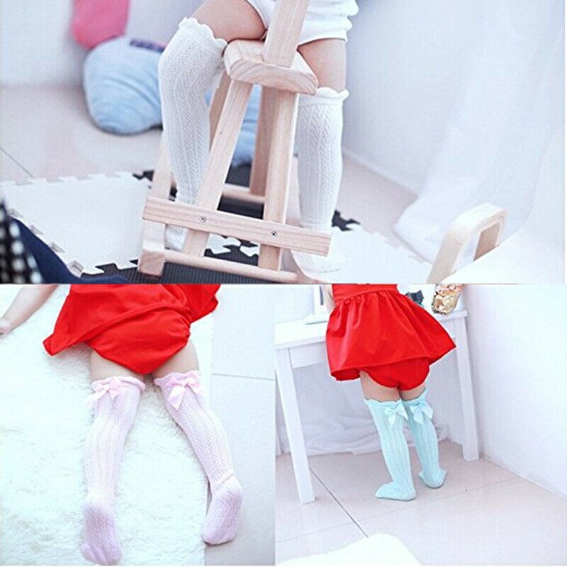 Chaussettes longues en coton pour bébés filles | À volants, hauteur des genoux, chaussettes décontractées, couleur solide, , doux, respirant, nœuds, automne
