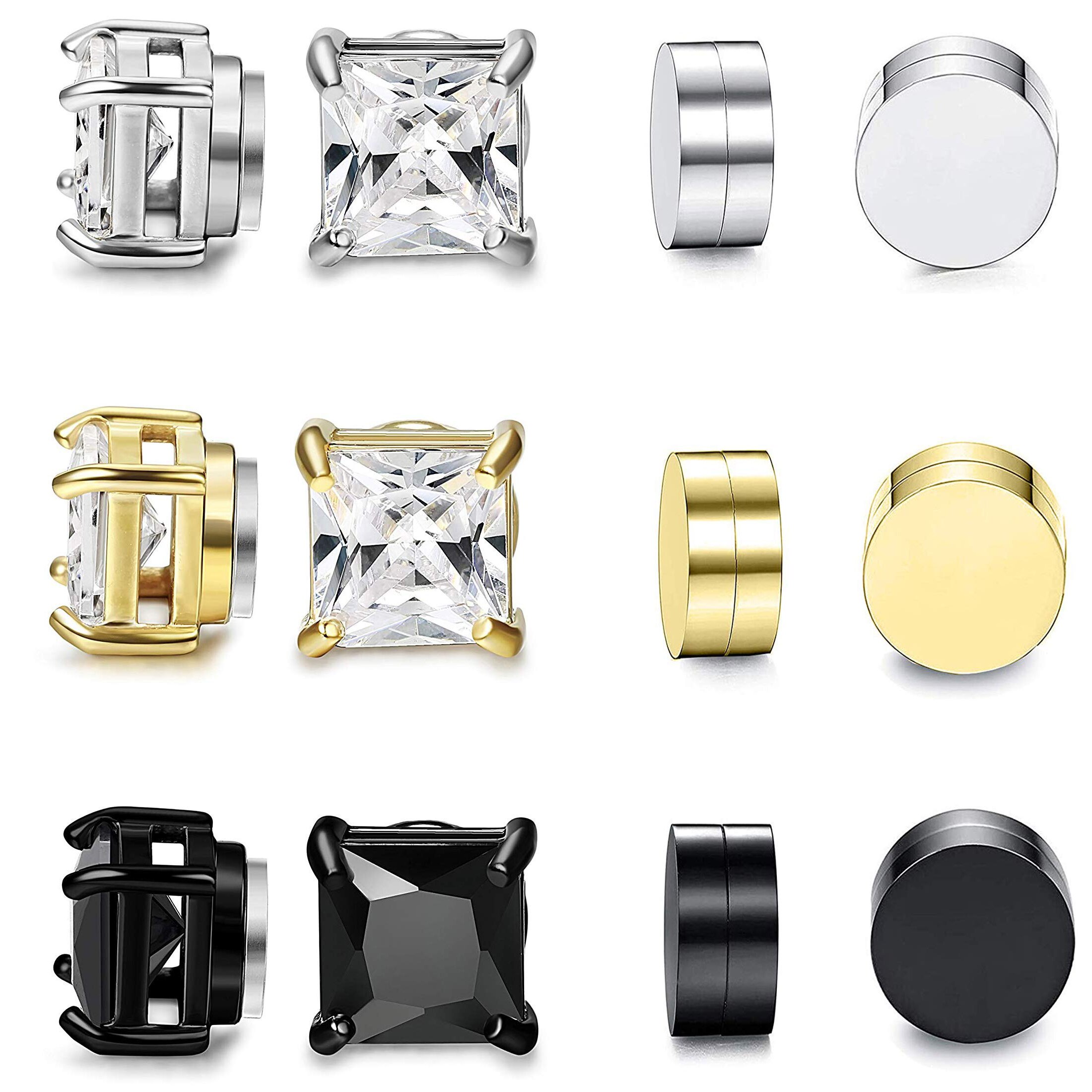 6 pairs magnetic stud earring for men women round square cz magnet non pierced clip on earrings set 6mm 8mm: 6 pairs set / 6mm