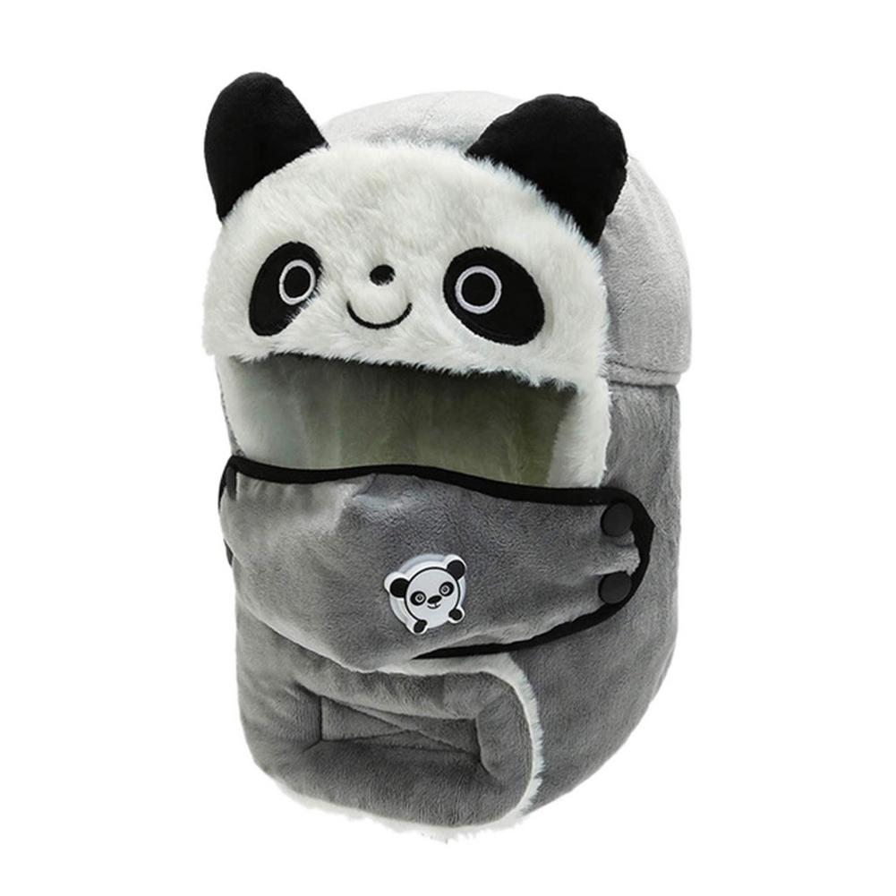 Winter Warm Fleece Hat Cute Cartoon Panda Windproof Face Cover Hat For Kids Adult Outdoor Cycling Hiking Skiing Caps Balaclava: Gray