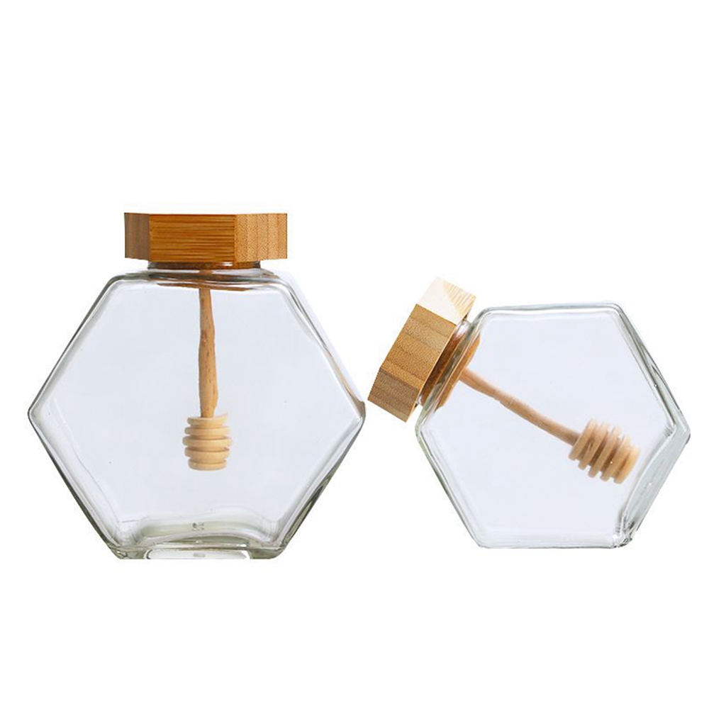 220Ml/380Ml Zeshoekige Glas Honing Fles Met Houten Roerstaafje Afdichting Honing Pot Clear Jampot Keuken thuis Opslag