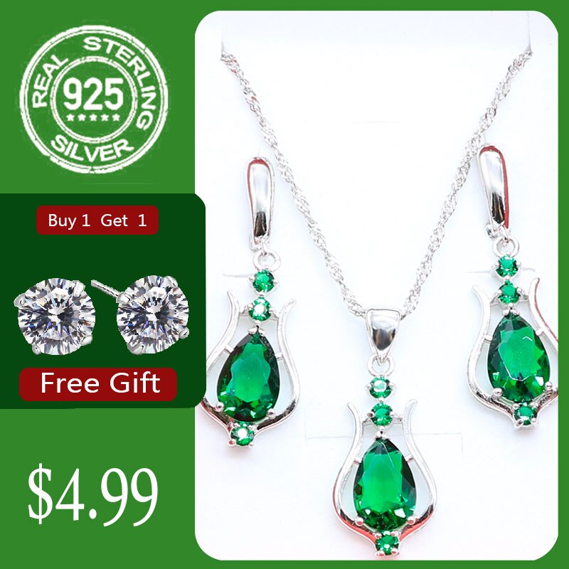 925 Sterling Silver Jewelry Green Emerald Necklace dangle Earrings For Women Costume Jewelry Sets Free: Green / 8