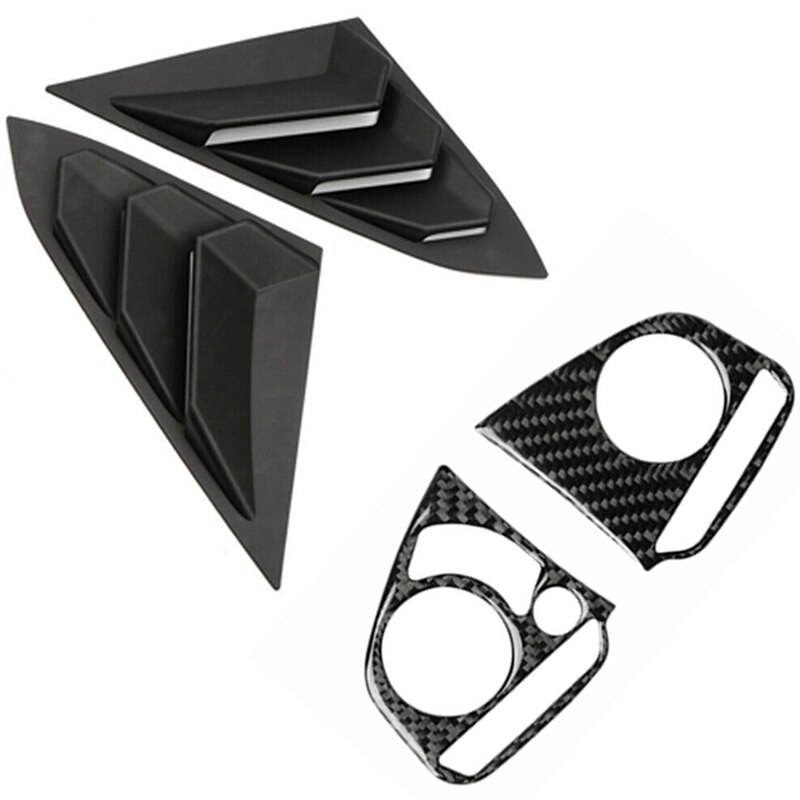 2Pcs Black Rear Window Louvers Shutters Cover & 2Pcs Car Carbon Fiber Style Steering Wheel Button Panel Cover Sticker: Default Title