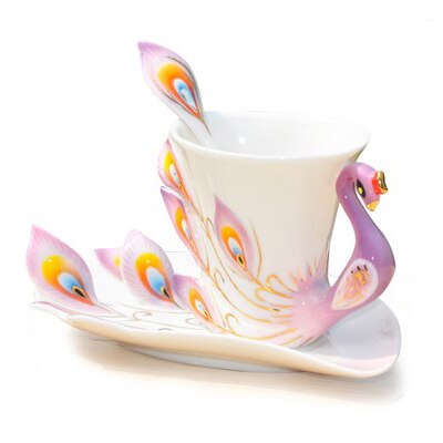 Påfågel kaffekopp keramisk benporslin 3d färgvalentinsdag bröllop bestie vänner födelsedag kopp: Violett