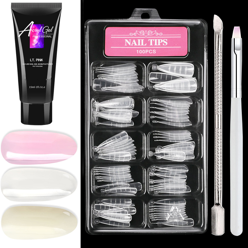 Kit de faux-ongles pour Extension de Gel UV, ensemble français pour construction rapide, moule, pointes, cuillère à cuticules en acier inoxydable, brosse à trancher, 6 pièces