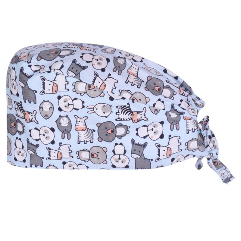 Dokter verpleegkundige katoenen werkmuts met zweetband verstelbare strik op de rug schattig cartoon dierenpatroon kalebasvormige bouffant scrub hoed h