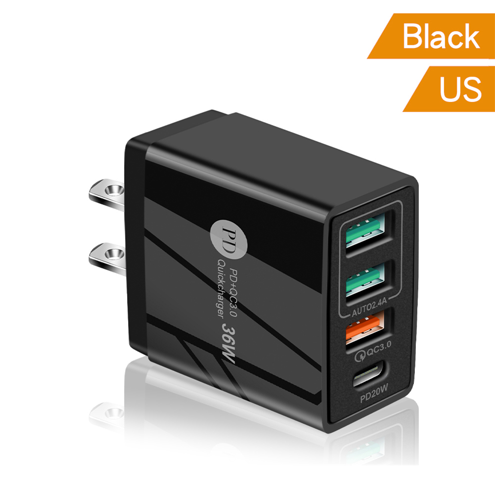 4 porty 36W ładowarka do telefonu komórkowego 2.4A PD 20W szybkie ładowanie 3.0 USB typ C ładowarka ścienna do iPhone 13 12 11 Xiaomi Samsung: Black-US plug