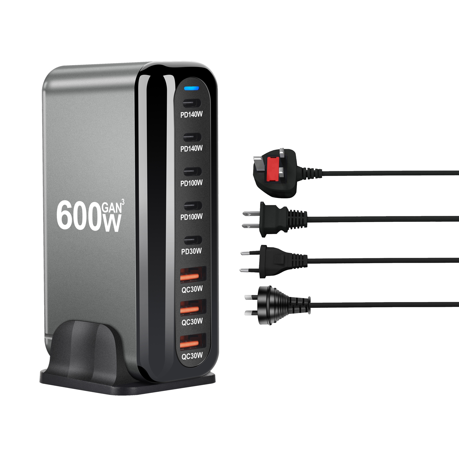 Novo carregador rápido 600w gan carga rápida 3.0 usb tipo c com 8 portas, carregador pd 5c3a para telefones e tablets, design portátil