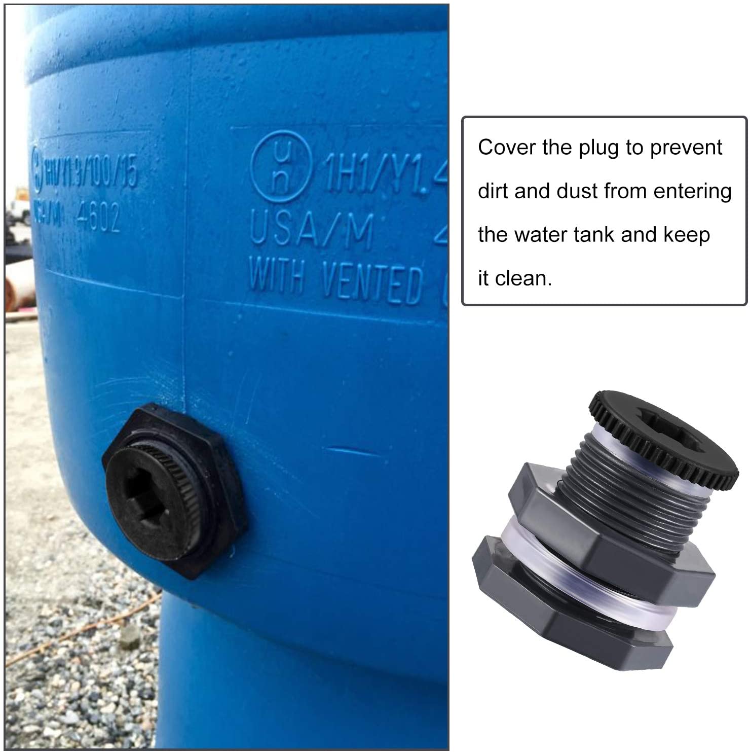 2 Pcs PVC Bulkhead Fitting with Plugs for Rain Barrels,Water Tanks, Tubs, Pools (3/4 Inch+4 mm Thick Silicon Seal Gaskett)
