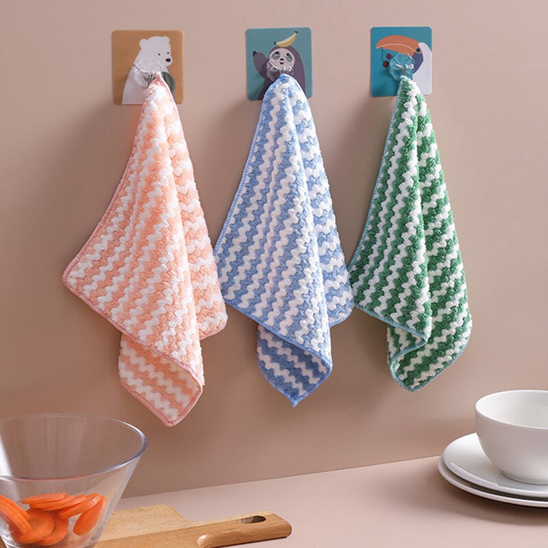 Household Super Absorbent Microfiber Towel Toad Kitchen Cleaning Towel Thicken Wave Stripes Coral Fleece