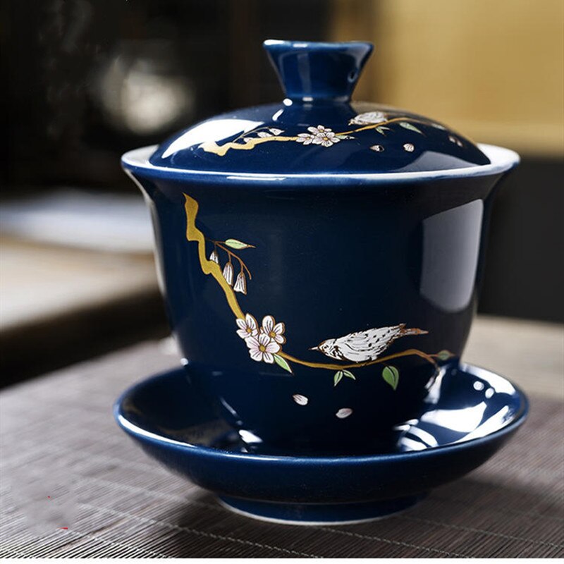 Pastrol blå fågel gaiwan keramik handgjord målning liten fågel keramiskt mönster teterrin teware tillbehör teskål