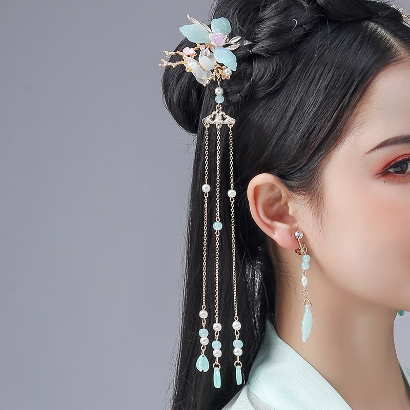 Retro Chinese Style Butterfly Flower Crystal Pearls Hanfu Dress Long Tassel Hairpins Hair Combs Jewelry Sets for Women Girls