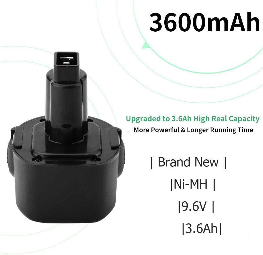 Batterie de remplacement 3600 V, 9.6 mAh, pour Dewalt 9.6V, NI-MH, DW9061, DW9062, DE9036, DE9062, DW9614