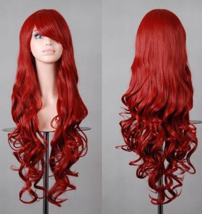 Peluca roja de Cosplay fei-show, largo sintético, rizado, para Halloween, para mujer, pelo azul, disfraz de carnaval, flequillo inclinado, postizo negro: Rojo