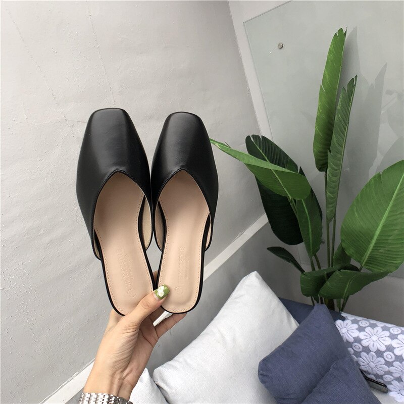 2022 Women Square Toe Slippers Low Heel Outdoor Ladies Flat Slides Luxury Brand Mules Shoes WomenSlippers Women Shoes: black / 38