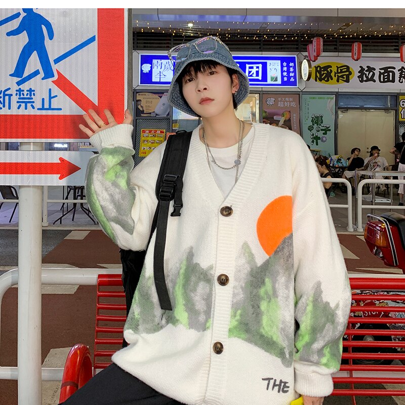 Mode Jacquard Gebreide Trui Top Lange Mouwen Losse Vest Mannen High Street Casual Sweatercoat Zwart/Wit