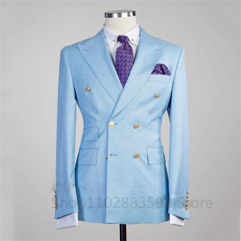 Traje de doble botonadura para hombre, Blazer informal ajustado con solapa de pico, Blazer individual, vestido de novio de boda de negocios,: 5 XL / Azul cielo