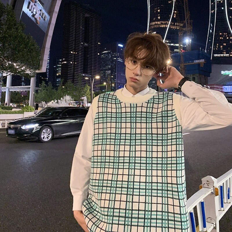 Hombres suéter chaleco otoño hombre chaleco a cuadros cuello par de Retro de coreana Ulzzang pijo Casual de gran tamaño 3XL Ins
