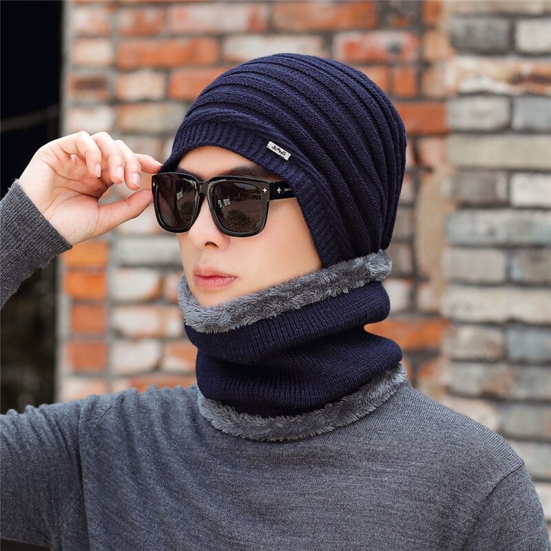 Herfst Winter Mannelijke Hoeden Sets Warm Gebreide Wollen Mutsen Sjaals Pak Jongen Cap Hals Kraag Dikke Pluche Mannen Hoed Sjaal 2 stuks Set: hat scarf navy