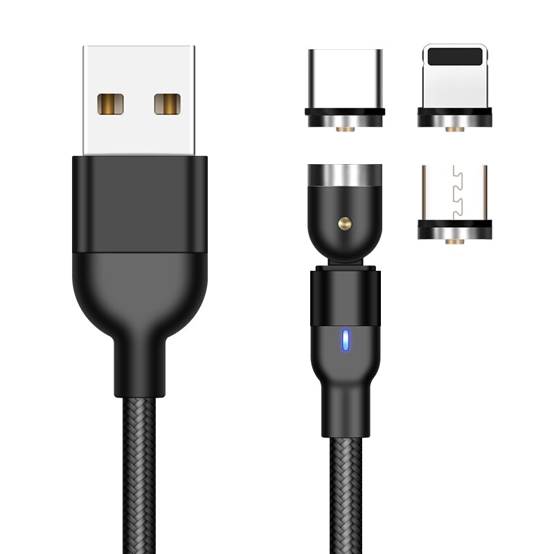 360+180 magnetisk mikro usb kabel för iphone samsung android magnet laddare usb typ c kabel mobiltelefon sladd tråd: 1m svarta 3 pluggar