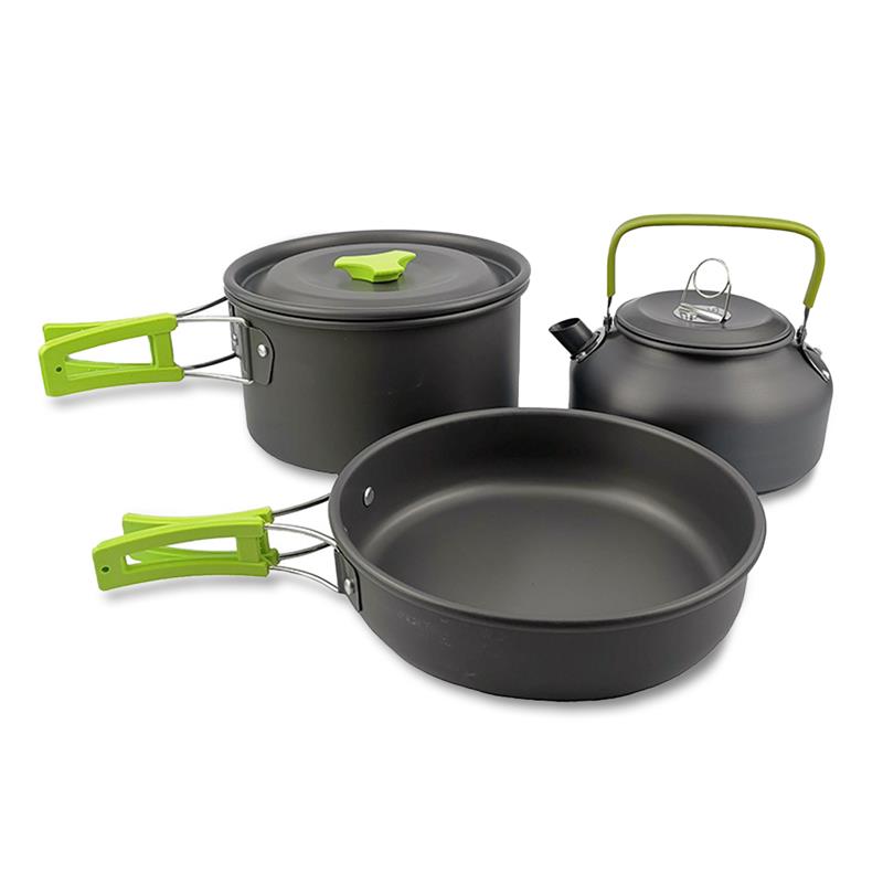 3Pcs Outdoor Kookgerei Camping Koken Pot Keukengerei Kit Opvouwbare Draagbare Geïsoleerde Handgreep Pan Backpacken Waterkoker: Green