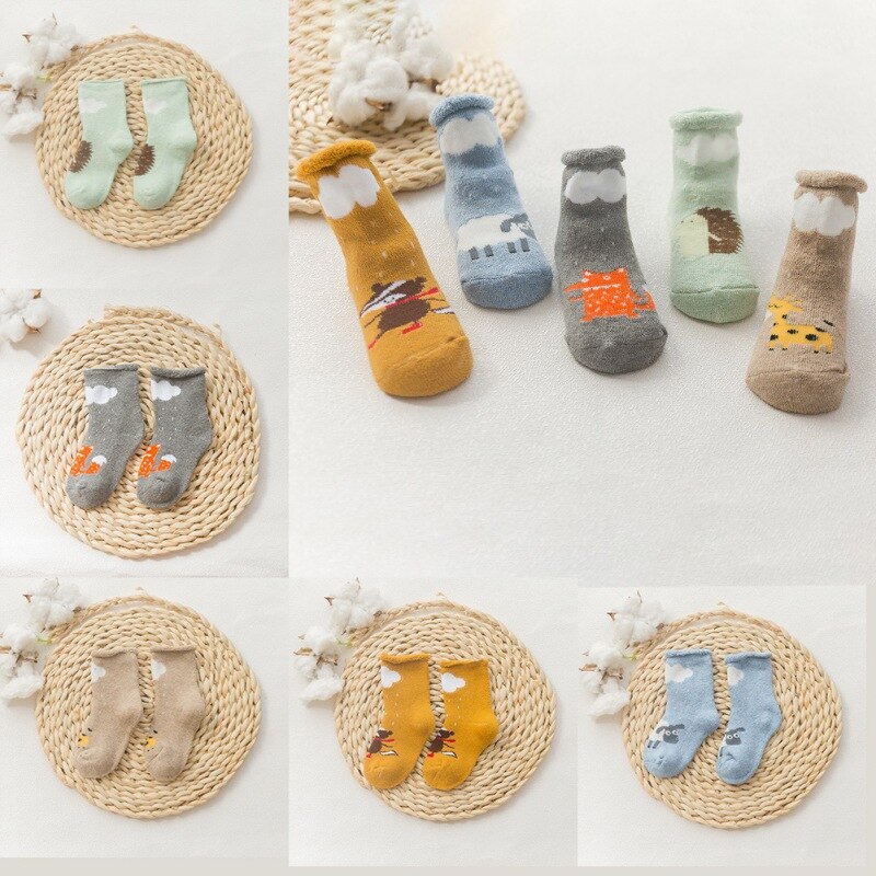 5 Paires/pack -Né Bébé Garçons Filles Chaussettes Automne/hiver Décontracté Motif De Dessin Animé Coton enfants Terry-boucle Bonneterie