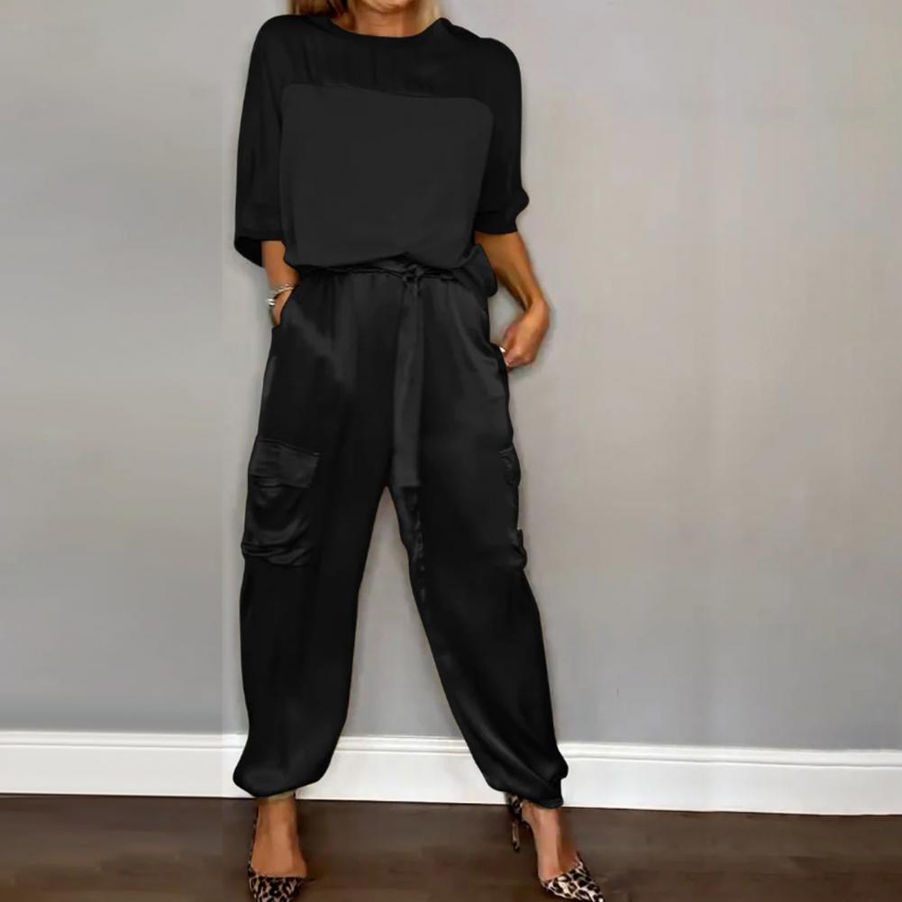 Women Two-piece Set Three-quarter Sleeve Suit Satin Women's Top Pants Set Lace-up Waist Women Casual Patchwork Suit