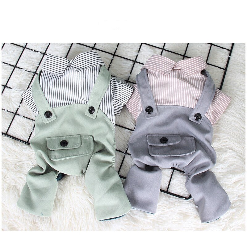 Dog Clothes for Small Dogs for Autumn and Winter Four Feet with Velvet Striped Suspers Pet Clothing Fresh Preppy Style