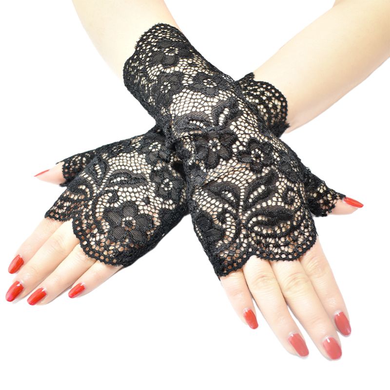 Guantes sin dedos de malla transparente para boda para mujer, manoplas brillantes de encaje Floral Jacquard