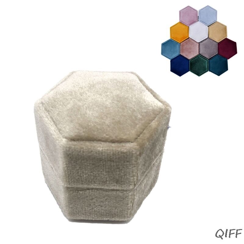 Velvet Double Ring Box Hexagon Wedding Ceremony Ring Box for proposal, engagement, wedding with Detachable Lid: E