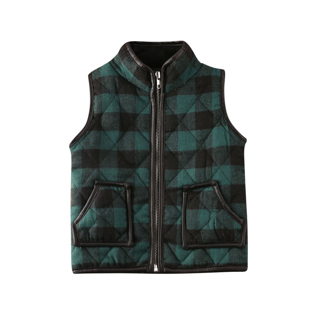 Autumn Winter 1-6 Years Kids Baby Boy Girl Plaid Vest Jacket Zipper Outwear Sleeveless Waistcoat Coat Sweatshirt Clothes: Green / 2T