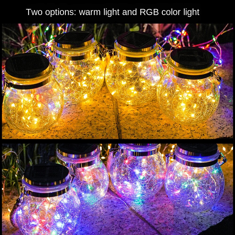 Sol led lampe sprekk hengende lys ball glass krukke lys utendørs hage dekorasjon tre lys kobbertråd lys julelys