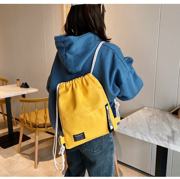 Women Casual Canvas Drawstring Backpack Men Solid Color Letter Pattern Bag Drawing Straps Closure Outdoor Bag