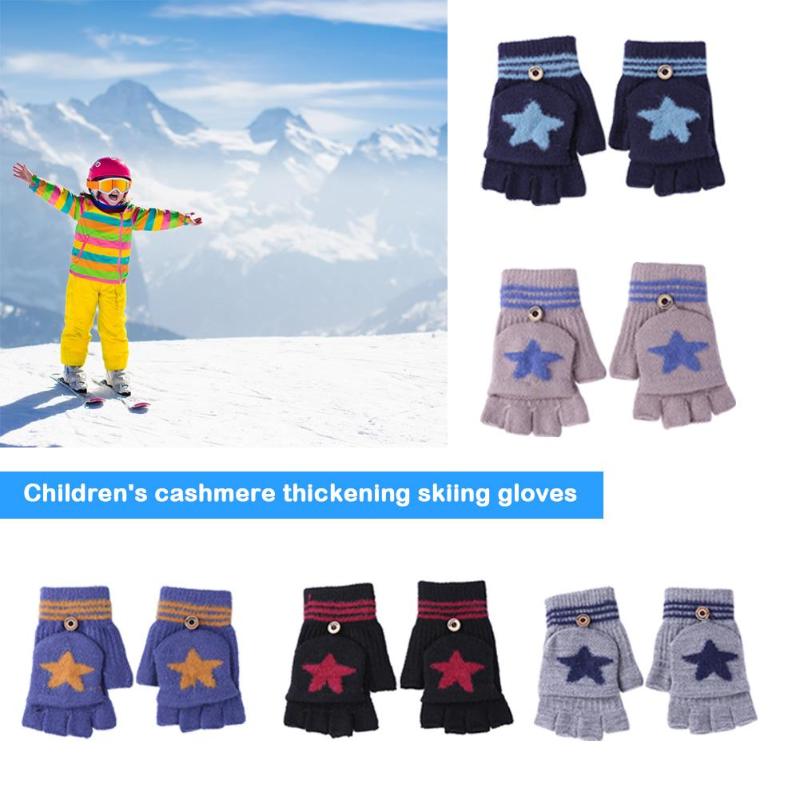 2 pçs inverno flip dedo luvas espessadas luvas de esqui estrelas dos desenhos animados mão muff