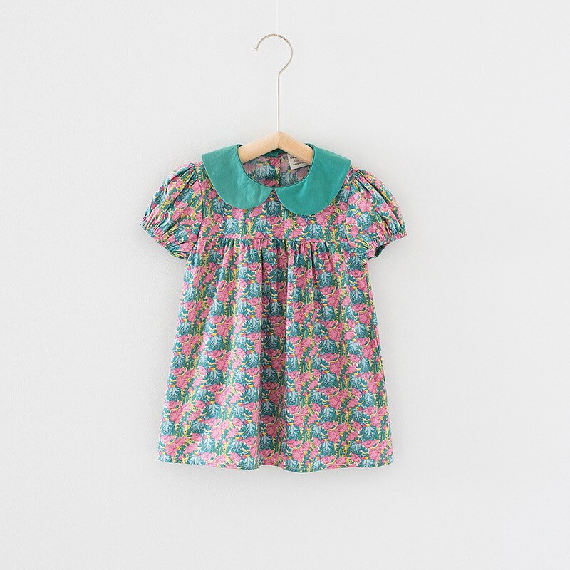 Meisjes Jurk 2022 Zomer Meisjes Pop Kraag Jurk Meisjes Baby Gedrukt Puff Mouwen Korte Mouwen Jurk Kinderen Jurk: green / 5-6T