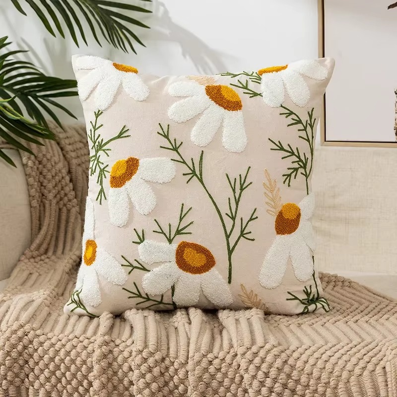 45X45CM Bloem Geborduurde Sierkussen Cover Plant Handdoek Moderne Stempelen Taille Kussenhoes Decor Home Decoratieve kussensloop: Roze